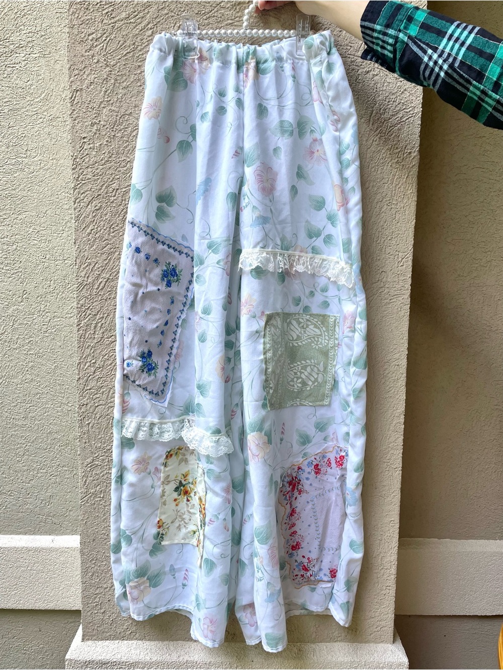 Cottagecore cotton Wide Leg Floral Patchwork Pants with lace